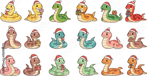 Cute snake characters set with Christmas hats and gifts, festive cartoon reptiles collection for holiday illustration, stickers, nursery decor and playful vector design