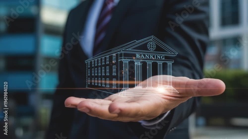 Hand raising digital banking building hologram soft light 