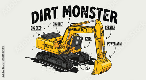 Modern Excavator with Detailed Markings against a Simple Background ideal for construction promotion, website illustrations, and promotional materials.