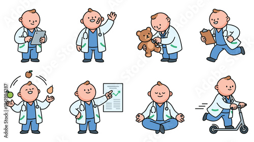 Illustrative collection of a friendly Clinical Doctor, a dedicated Healthcare Medical Professional, engaging in various activities