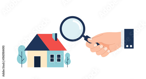 Hand holding magnifying glass over house.