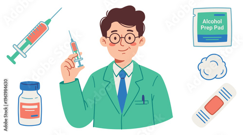 Friendly Doctor Healthcare Professional illustration with various Medical and Clinical equipment elements for health concepts