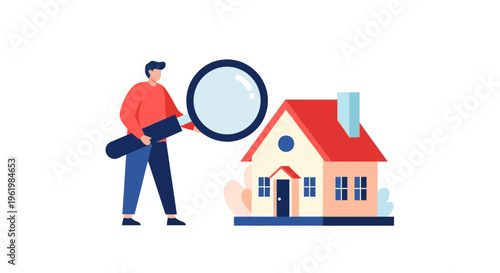Man inspecting a house with magnifying glass.