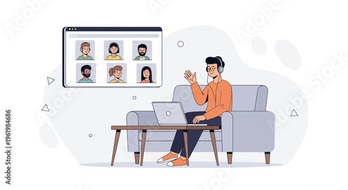 Man waving during online video conference call with colleagues from home