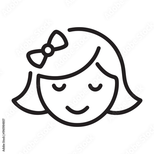 Cute Minimalist Smiling Girl Face Icon with Bow Ribbon Linear Vector Art Illustration for Kids Avatar