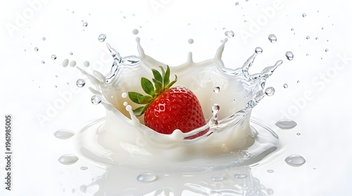 A vibrant red strawberry with green leaves splashes into a pool of white liquid