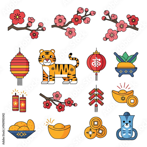 Chinese New Year Cartoon Icons Set.