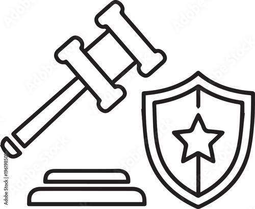 A minimalist black and white line art icon representing legal protection and justice in a courtroom Vector