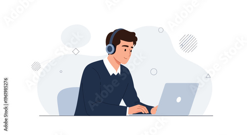 Young man with headphones working on a laptop, modern flat illustration