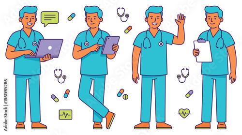 Modern digital illustrations featuring diverse Doctor, Healthcare, Medical, Professional, and Clinical staff members