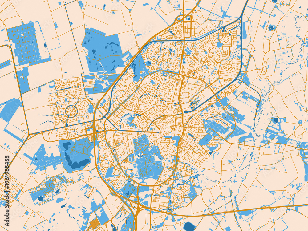 Naklejka premium Minimal city map of Assen, Netherlands with light cream and blue contrast