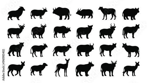 Collection of black silhouettes of various animals including deer and bighorn sheep