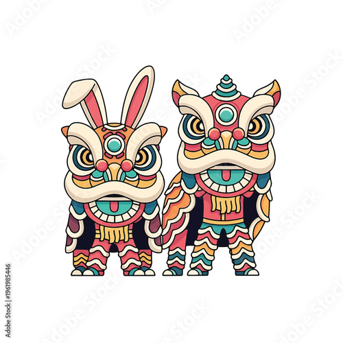 Colorful Chinese Lion and Rabbit Figurines.