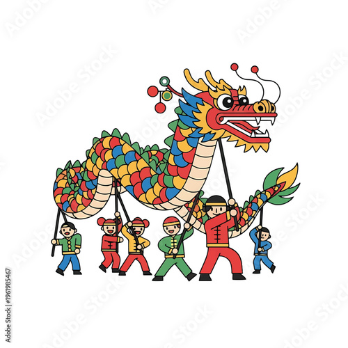 Colorful Dragon Dance Performance with People.