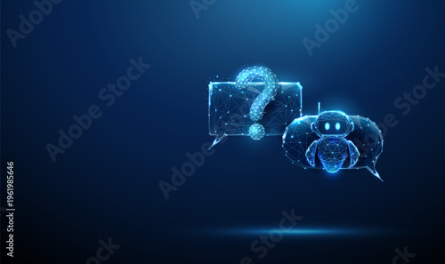 Two blue 3d speech bubbles with question mark and robot. AI support inquiry, chatbot assistance, automated help response, digital assistant communication, customer service dialogue concept