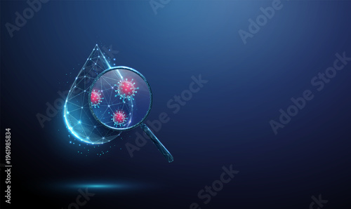 3d water drop under magnifying glass with viruses inside. Water contamination, infection risk, microbiological analysis, pathogen detection, water quality assessment concept