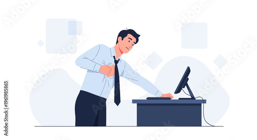 Man in Office Experiencing Chest Pain Near Computer, Stress and Health Concern