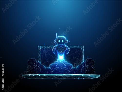 3d cute robot flying out of laptop and smoke clouds. AI system launch, digital assistant activation, automated workflow startup, intelligent technology deployment concept.