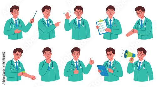 Dynamic illustrations of a male healthcare doctor providing professional medical and clinical advice for diverse situations