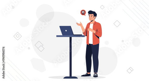 Man presenting on laptop with idea icon in thought bubble, modern flat illustration