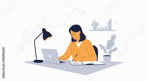 Woman working at desk with laptop, notebook, and lamp. Home office concept.