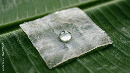 A water droplet on a small, translucent, square piece of material resting on a green leaf