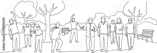 people outdoors, group drawing