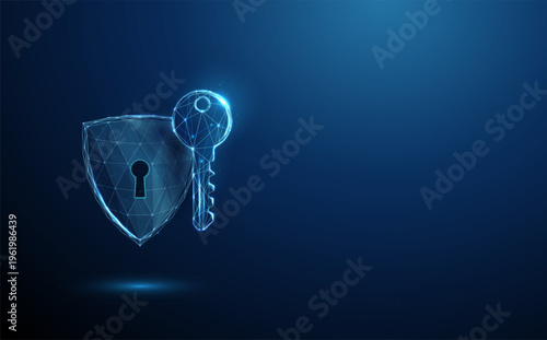 3d blue shield with keyhole and key. Secure access system, authentication, authorization, identity verification, data protection, cybersecurity defense, controlled entry concept