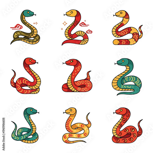 Colorful Snake Illustrations in Various Poses.