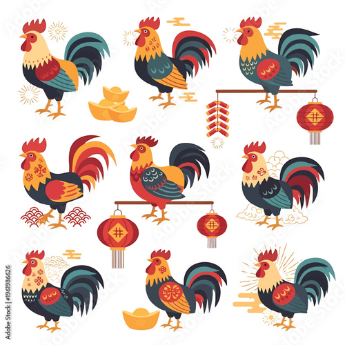 Colorful Rooster Illustrations with Chinese Lanterns.