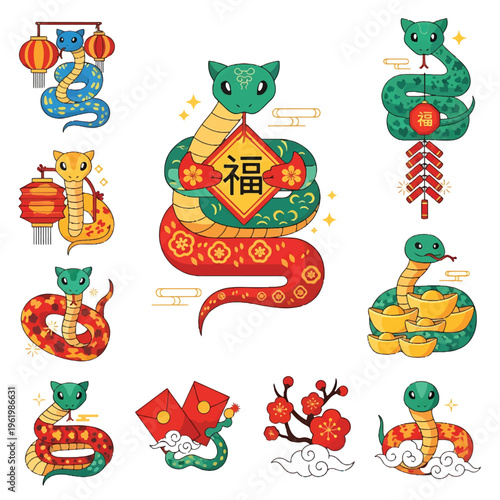 Colorful Snake Illustrations for Chinese New Year.