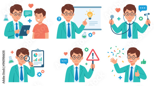 Illustrations showcasing various doctor healthcare professional roles, offering medical guidance, clinical diagnosis, and patient support