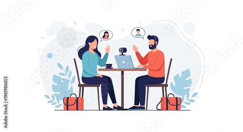 Couple having video call meeting on laptop with webcam in cafe, remote work concept