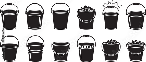 A collection of ice bucket silhouette icon set. simple design black color and white background.