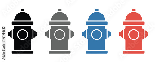 fire hydrant icons collection, emergency firefighting water system symbols, safety protection signs, urban infrastructure concept, modern simple vector illustration set.