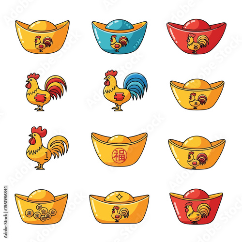 Golden Ingots and Roosters Cartoon Illustration.