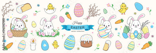 Cute Easter Bunny Vector Set with Eggs, Chicks, Cake and Spring Elements, Kawaii Rabbit Collection, Happy Easter Illustrations