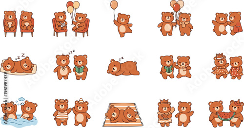 Cute teddy bear couples and friends set with love, sleep and daily activities, adorable cartoon animal characters collection for kids illustration and nursery design