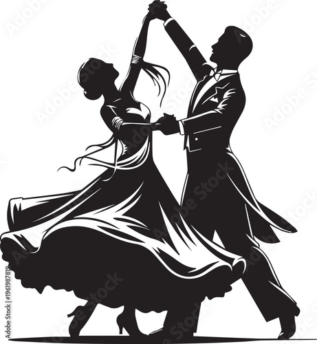 Silhouette of a couple dancing the waltz in a romantic ballroom dance