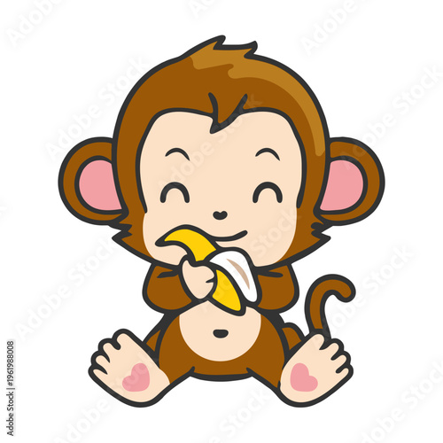 A cute cartoon monkey eating a banana in a playful pose