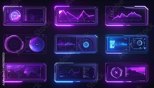 Glass holographic interface elements with purple neon glow on dark background