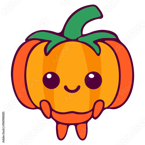 A cute cartoon pumpkin character with a smiling face and green stem