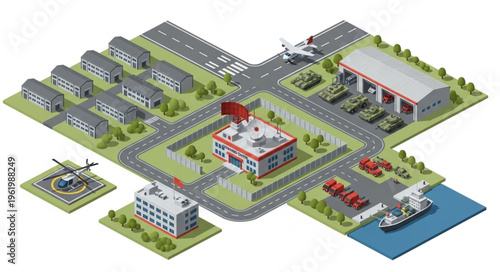Isometric Military Base Illustration - Detailed Layout and Infrastructure.