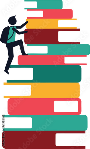 Determined student climbs a towering stack of colorful books, symbolizing the challenging yet rewarding journey of education, knowledge acquisition, and personal growth towards success