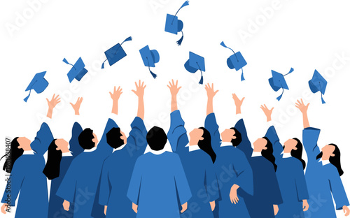 Graduation celebration with students in caps and gowns tossing hats in the air