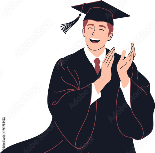 A cheerful, smiling graduate in a cap and gown, celebrating their academic achievement with enthusiastic applause, symbolizing success and the culmination of hard work