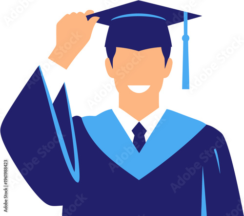 A smiling graduate in a cap and gown is adjusting their academic hat, celebrating their educational achievement and the end of their studies