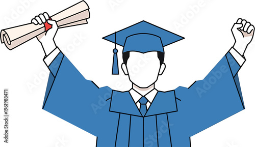 A graduating student in a blue cap and gown celebrates with their diploma held high in triumph, symbolizing achievement and success