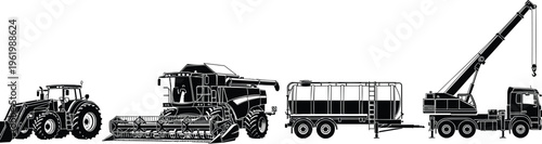 Black Silhouette Set of Heavy Machinery Including Farm Tractor Combine Harvester Water Tanker and Construction Crane Truck for Agricultural and Industrial Logistics Design Projects (25 words)