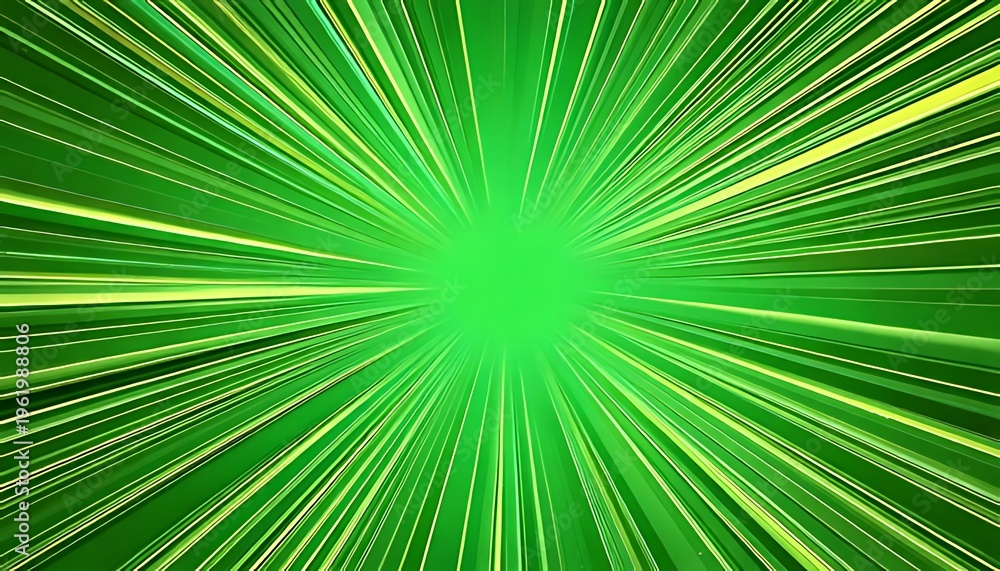 Fototapeta premium Abstract green burst of light emanating from center, radiating out in a dynamic, energetic pattern, with yellow accents